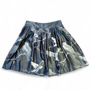ADAM Adam Lippes Pleated Mini Circle Skirt Bird Print Jacquard Taffeta Silver 6